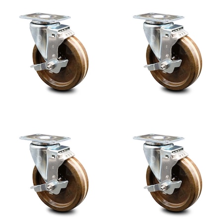 Service Caster 5 Inch High Temp Phenolic Wheel Swivel Top Plate Caster Set with Brake SCC SCC-20S514-PHSHT-TLB-TP2-4